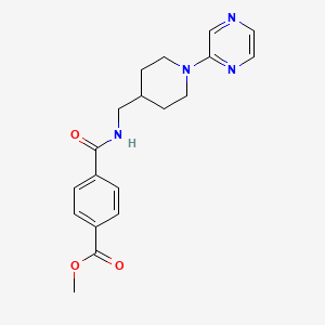 molecular formula C19H22N4O3 B2829117 Methyl 4-(((1-(pyrazin-2-yl)piperidin-4-yl)methyl)carbamoyl)benzoate CAS No. 1396884-51-7
