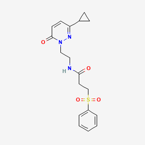 molecular formula C18H21N3O4S B2829161 N-(2-(3-cyclopropyl-6-oxopyridazin-1(6H)-yl)ethyl)-3-(phenylsulfonyl)propanamide CAS No. 2034534-07-9