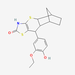 molecular formula C19H21NO3S2 B2829168 9-(3-ethoxy-4-hydroxyphenyl)-3,4a,5,6,7,8,8a,9-octahydro-2H-5,8-methanothiochromeno[2,3-d][1,3]thiazol-2-one CAS No. 1212105-68-4