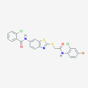 molecular formula C22H14BrCl2N3O2S2 B282918 N-[2-({2-[(4-bromo-2-chlorophenyl)amino]-2-oxoethyl}sulfanyl)-1,3-benzothiazol-6-yl]-2-chlorobenzamide 