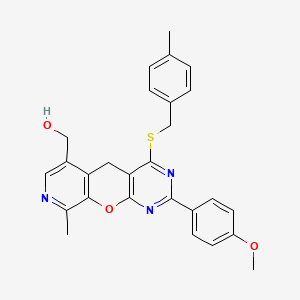 molecular formula C27H25N3O3S B2829180 (2-(4-methoxyphenyl)-9-methyl-4-((4-methylbenzyl)thio)-5H-pyrido[4',3':5,6]pyrano[2,3-d]pyrimidin-6-yl)methanol CAS No. 892414-79-8
