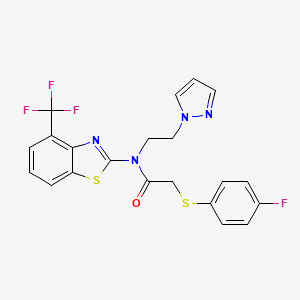 molecular formula C21H16F4N4OS2 B2829191 N-(2-(1H-吡唑-1-基)乙基)-2-((4-氟苯基)硫)-N-(4-(三氟甲基)苯并[d]噻唑-2-基)乙酰胺 CAS No. 1421531-93-2