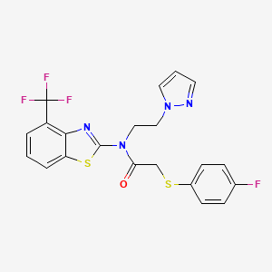 molecular formula C21H16F4N4OS2 B2829191 2-[(4-fluorophenyl)sulfanyl]-N-[2-(1H-pyrazol-1-yl)ethyl]-N-[4-(trifluoromethyl)-1,3-benzothiazol-2-yl]acetamide CAS No. 1421531-93-2