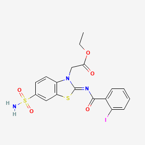 molecular formula C18H16IN3O5S2 B2829197 (Z)-ethyl 2-(2-((2-iodobenzoyl)imino)-6-sulfamoylbenzo[d]thiazol-3(2H)-yl)acetate CAS No. 865248-29-9