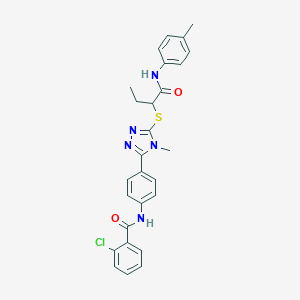 molecular formula C27H26ClN5O2S B282928 2-chloro-N-{4-[4-methyl-5-({1-[(4-methylphenyl)amino]-1-oxobutan-2-yl}sulfanyl)-4H-1,2,4-triazol-3-yl]phenyl}benzamide 