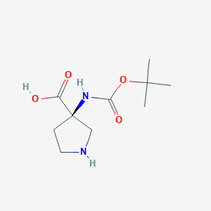 molecular formula C10H18N2O4 B2829293 (R)-3-((tert-Butoxycarbonyl)amino)pyrrolidine-3-carboxylic acid CAS No. 2173637-53-9