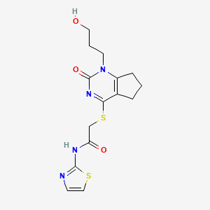 molecular formula C15H18N4O3S2 B2829306 2-((1-(3-hydroxypropyl)-2-oxo-2,5,6,7-tetrahydro-1H-cyclopenta[d]pyrimidin-4-yl)thio)-N-(thiazol-2-yl)acetamide CAS No. 899743-20-5