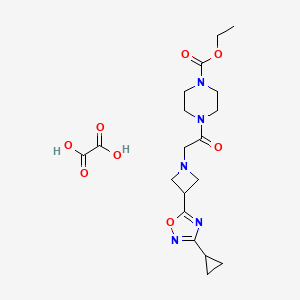 molecular formula C19H27N5O8 B2829311 Ethyl 4-(2-(3-(3-cyclopropyl-1,2,4-oxadiazol-5-yl)azetidin-1-yl)acetyl)piperazine-1-carboxylate oxalate CAS No. 1396885-57-6