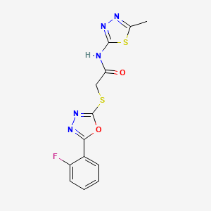 molecular formula C13H10FN5O2S2 B2829333 2-[[5-(2-fluorophenyl)-1,3,4-oxadiazol-2-yl]sulfanyl]-N-(5-methyl-1,3,4-thiadiazol-2-yl)acetamide CAS No. 892019-82-8