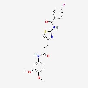 molecular formula C21H20FN3O4S B2829340 N-(4-(3-((3,4-dimethoxyphenyl)amino)-3-oxopropyl)thiazol-2-yl)-4-fluorobenzamide CAS No. 1021255-77-5