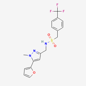 molecular formula C17H16F3N3O3S B2829349 N-((5-(呋喃-2-基)-1-甲基-1H-吡唑-3-基)甲基)-1-(4-(三氟甲基)苯基)甲磺酰胺 CAS No. 1421468-80-5