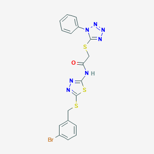 molecular formula C18H14BrN7OS3 B282935 N-{5-[(3-bromobenzyl)sulfanyl]-1,3,4-thiadiazol-2-yl}-2-[(1-phenyl-1H-tetrazol-5-yl)sulfanyl]acetamide 