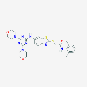 molecular formula C29H34N8O3S2 B282939 2-[(6-{[4,6-di(morpholin-4-yl)-1,3,5-triazin-2-yl]amino}-1,3-benzothiazol-2-yl)sulfanyl]-N-(2,4,6-trimethylphenyl)acetamide 