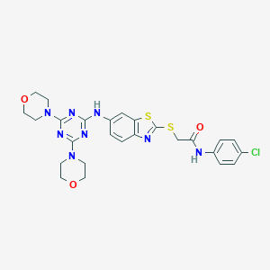 molecular formula C26H27ClN8O3S2 B282940 N-(4-chlorophenyl)-2-[[6-[(4,6-dimorpholin-4-yl-1,3,5-triazin-2-yl)amino]-1,3-benzothiazol-2-yl]sulfanyl]acetamide 