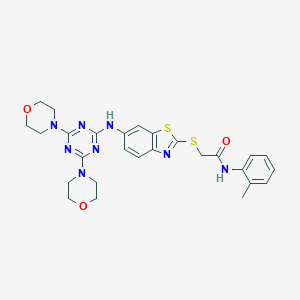 molecular formula C27H30N8O3S2 B282941 2-({6-[(4,6-dimorpholin-4-yl-1,3,5-triazin-2-yl)amino]-1,3-benzothiazol-2-yl}sulfanyl)-N-(2-methylphenyl)acetamide 