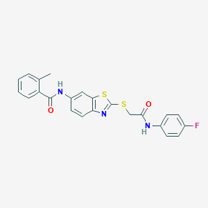 molecular formula C23H18FN3O2S2 B282943 N-(2-{[2-(4-fluoroanilino)-2-oxoethyl]sulfanyl}-1,3-benzothiazol-6-yl)-2-methylbenzamide 