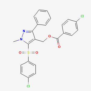 molecular formula C24H18Cl2N2O4S B2829436 {5-[(4-氯苯基)磺酰]-1-甲基-3-苯基-1H-吡唑-4-基}甲基-4-氯苯甲酸酯 CAS No. 318248-33-8