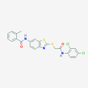 molecular formula C23H17Cl2N3O2S2 B282944 N-(2-{[2-(2,4-dichloroanilino)-2-oxoethyl]sulfanyl}-1,3-benzothiazol-6-yl)-2-methylbenzamide 