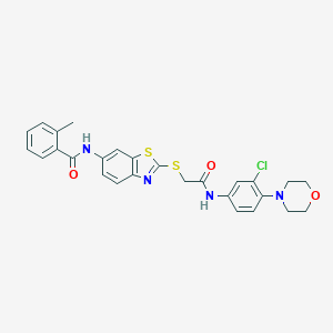molecular formula C27H25ClN4O3S2 B282945 N-[2-({2-[3-chloro-4-(4-morpholinyl)anilino]-2-oxoethyl}sulfanyl)-1,3-benzothiazol-6-yl]-2-methylbenzamide 