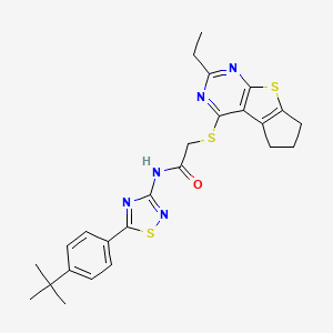 molecular formula C25H27N5OS3 B2829482 N-[5-(4-tert-butylphenyl)-1,2,4-thiadiazol-3-yl]-2-({10-ethyl-7-thia-9,11-diazatricyclo[6.4.0.0^{2,6}]dodeca-1(8),2(6),9,11-tetraen-12-yl}sulfanyl)acetamide CAS No. 690643-81-3