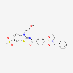 molecular formula C27H29N3O6S3 B2829596 4-[benzyl(ethyl)sulfamoyl]-N-[3-(2-methoxyethyl)-6-methylsulfonyl-1,3-benzothiazol-2-ylidene]benzamide CAS No. 864977-42-4