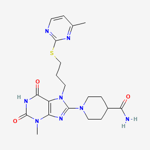 molecular formula C20H26N8O3S B2829598 1-(3-methyl-7-{3-[(4-methylpyrimidin-2-yl)sulfanyl]propyl}-2,6-dioxo-2,3,6,7-tetrahydro-1H-purin-8-yl)piperidine-4-carboxamide CAS No. 872623-55-7