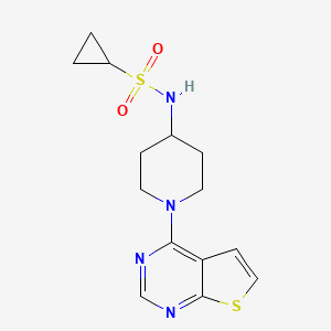molecular formula C14H18N4O2S2 B2829607 N-(1-{thieno[2,3-d]pyrimidin-4-yl}piperidin-4-yl)cyclopropanesulfonamide CAS No. 2415455-25-1