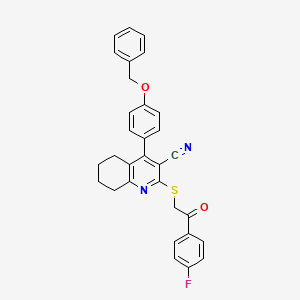 molecular formula C31H25FN2O2S B2829634 2-[2-(4-Fluorophenyl)-2-oxoethyl]sulfanyl-4-(4-phenylmethoxyphenyl)-5,6,7,8-tetrahydroquinoline-3-carbonitrile CAS No. 332045-27-9
