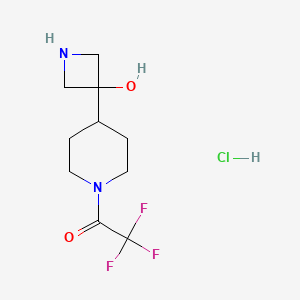 molecular formula C10H16ClF3N2O2 B2829641 2,2,2-三氟-1-[4-(3-羟基吖唑啉-3-基)哌啶-1-基]乙酮；盐酸盐 CAS No. 2375271-52-4