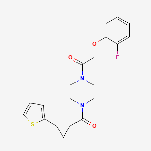 molecular formula C20H21FN2O3S B2829649 2-(2-Fluorophenoxy)-1-(4-(2-(thiophen-2-yl)cyclopropanecarbonyl)piperazin-1-yl)ethanone CAS No. 1210640-55-3