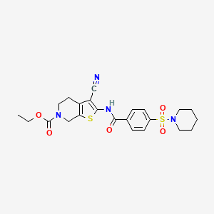 molecular formula C23H26N4O5S2 B2829657 ethyl 3-cyano-2-(4-(piperidin-1-ylsulfonyl)benzamido)-4,5-dihydrothieno[2,3-c]pyridine-6(7H)-carboxylate CAS No. 681437-42-3