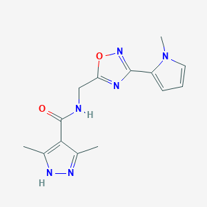 molecular formula C14H16N6O2 B2829660 3,5-dimethyl-N-((3-(1-methyl-1H-pyrrol-2-yl)-1,2,4-oxadiazol-5-yl)methyl)-1H-pyrazole-4-carboxamide CAS No. 2034206-59-0