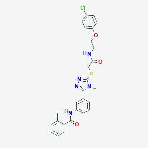 molecular formula C27H26ClN5O3S B282968 N-(3-{5-[(2-{[2-(4-chlorophenoxy)ethyl]amino}-2-oxoethyl)sulfanyl]-4-methyl-4H-1,2,4-triazol-3-yl}phenyl)-2-methylbenzamide 