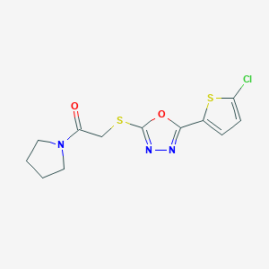 molecular formula C12H12ClN3O2S2 B2829685 2-[[5-(5-Chlorothiophen-2-yl)-1,3,4-oxadiazol-2-yl]sulfanyl]-1-pyrrolidin-1-ylethanone CAS No. 850937-38-1