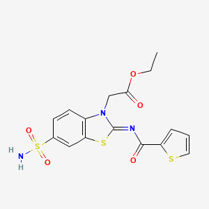 molecular formula C16H15N3O5S3 B2829775 (Z)-ethyl 2-(6-sulfamoyl-2-((thiophene-2-carbonyl)imino)benzo[d]thiazol-3(2H)-yl)acetate CAS No. 865247-64-9