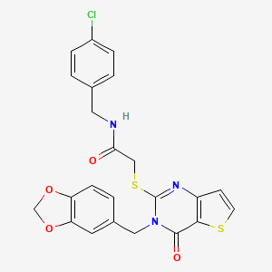 molecular formula C23H18ClN3O4S2 B2829814 2-{[3-(1,3-benzodioxol-5-ylmethyl)-4-oxo-3,4-dihydrothieno[3,2-d]pyrimidin-2-yl]sulfanyl}-N-(4-chlorobenzyl)acetamide CAS No. 894244-49-6