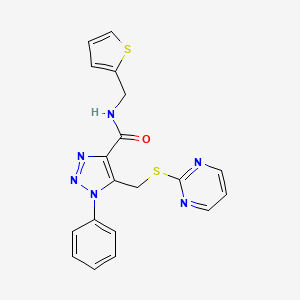 molecular formula C19H16N6OS2 B2829829 1-phenyl-5-((pyrimidin-2-ylthio)methyl)-N-(thiophen-2-ylmethyl)-1H-1,2,3-triazole-4-carboxamide CAS No. 1105209-42-4