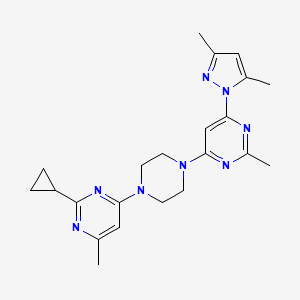 molecular formula C22H28N8 B2829898 2-Cyclopropyl-4-[4-[6-(3,5-dimethylpyrazol-1-yl)-2-methylpyrimidin-4-yl]piperazin-1-yl]-6-methylpyrimidine CAS No. 2415463-22-6