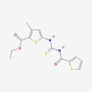 molecular formula C14H14N2O3S3 B2829936 乙酸-3-甲基-5-(3-(噻吩-2-甲酰)硫脲基)噻吩-2-羧酸乙酯 CAS No. 477568-36-8