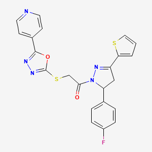 molecular formula C22H16FN5O2S2 B2829955 1-(5-(4-fluorophenyl)-3-(thiophen-2-yl)-4,5-dihydro-1H-pyrazol-1-yl)-2-((5-(pyridin-4-yl)-1,3,4-oxadiazol-2-yl)thio)ethanone CAS No. 899989-05-0