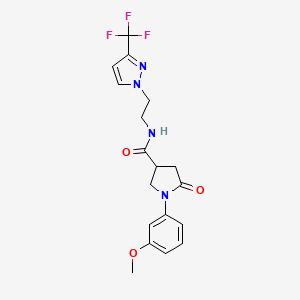 molecular formula C18H19F3N4O3 B2830002 1-(3-甲氧基苯基)-5-氧代-N-(2-(3-(三氟甲基)-1H-吡唑-1-基)乙基)吡咯啉-3-羧酰胺 CAS No. 1448125-90-3