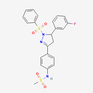 molecular formula C22H20FN3O4S2 B2830046 N-(4-(5-(3-fluorophenyl)-1-(phenylsulfonyl)-4,5-dihydro-1H-pyrazol-3-yl)phenyl)methanesulfonamide CAS No. 851781-14-1