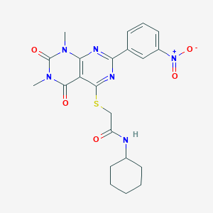 molecular formula C22H24N6O5S B2830052 N-环己基-2-((6,8-二甲基-2-(3-硝基苯基)-5,7-二氧代-5,6,7,8-四氢嘧啶并[4,5-d]嘧啶-4-基)硫)乙酰胺 CAS No. 872854-67-6