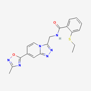 molecular formula C19H18N6O2S B2830075 2-(ethylthio)-N-((7-(3-methyl-1,2,4-oxadiazol-5-yl)-[1,2,4]triazolo[4,3-a]pyridin-3-yl)methyl)benzamide CAS No. 2034413-38-0