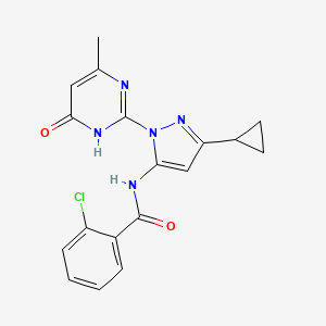 molecular formula C18H16ClN5O2 B2830081 2-chloro-N-(3-cyclopropyl-1-(4-methyl-6-oxo-1,6-dihydropyrimidin-2-yl)-1H-pyrazol-5-yl)benzamide CAS No. 1203234-01-8