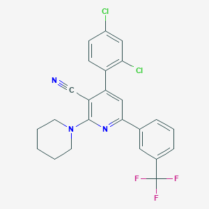 molecular formula C24H18Cl2F3N3 B2830138 4-(2,4-Dichlorophenyl)-2-piperidino-6-[3-(trifluoromethyl)phenyl]nicotinonitrile CAS No. 303984-67-0