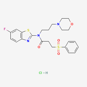 molecular formula C23H27ClFN3O4S2 B2830150 N-(6-fluorobenzo[d]thiazol-2-yl)-N-(3-morpholinopropyl)-3-(phenylsulfonyl)propanamide hydrochloride CAS No. 1177709-45-3