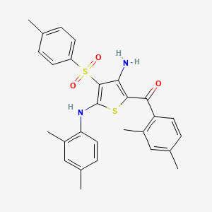 molecular formula C28H28N2O3S2 B2830152 (3-Amino-5-((2,4-dimethylphenyl)amino)-4-tosylthiophen-2-yl)(2,4-dimethylphenyl)methanone CAS No. 1115520-31-4