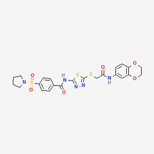molecular formula C23H23N5O6S3 B2830162 N-(5-((2-((2,3-二氢苯并[b][1,4]二氧杂环-6-基)氨基)-2-氧乙基)硫代-1,3,4-噻二唑-2-基)-4-(吡咯烷-1-基磺酰基)苯甲酰胺 CAS No. 896028-13-0