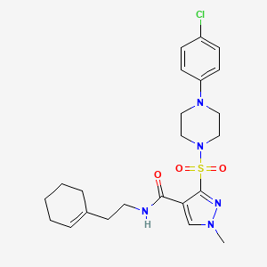 molecular formula C23H30ClN5O3S B2830229 3-((4-(4-chlorophenyl)piperazin-1-yl)sulfonyl)-N-(2-(cyclohex-1-en-1-yl)ethyl)-1-methyl-1H-pyrazole-4-carboxamide CAS No. 1251687-03-2